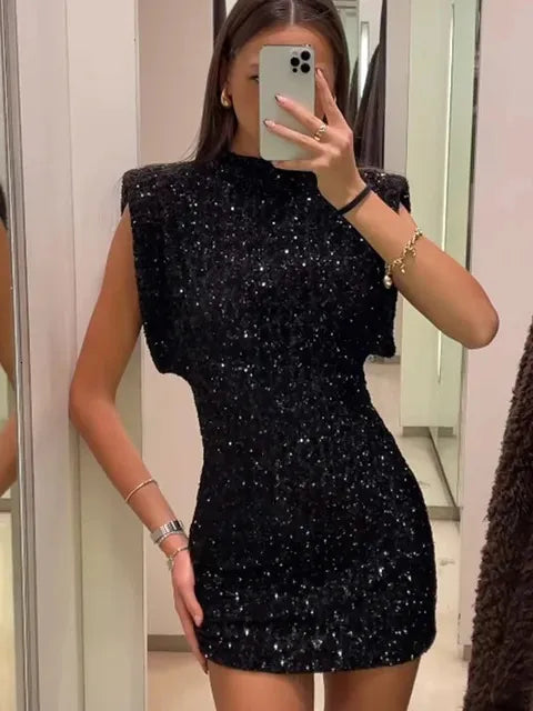Sexy Sequined Black Mini Party Dress Women Short Sleeve O Neck Sleeveless Dress Fashion 2024 Summer Evening Club Dress