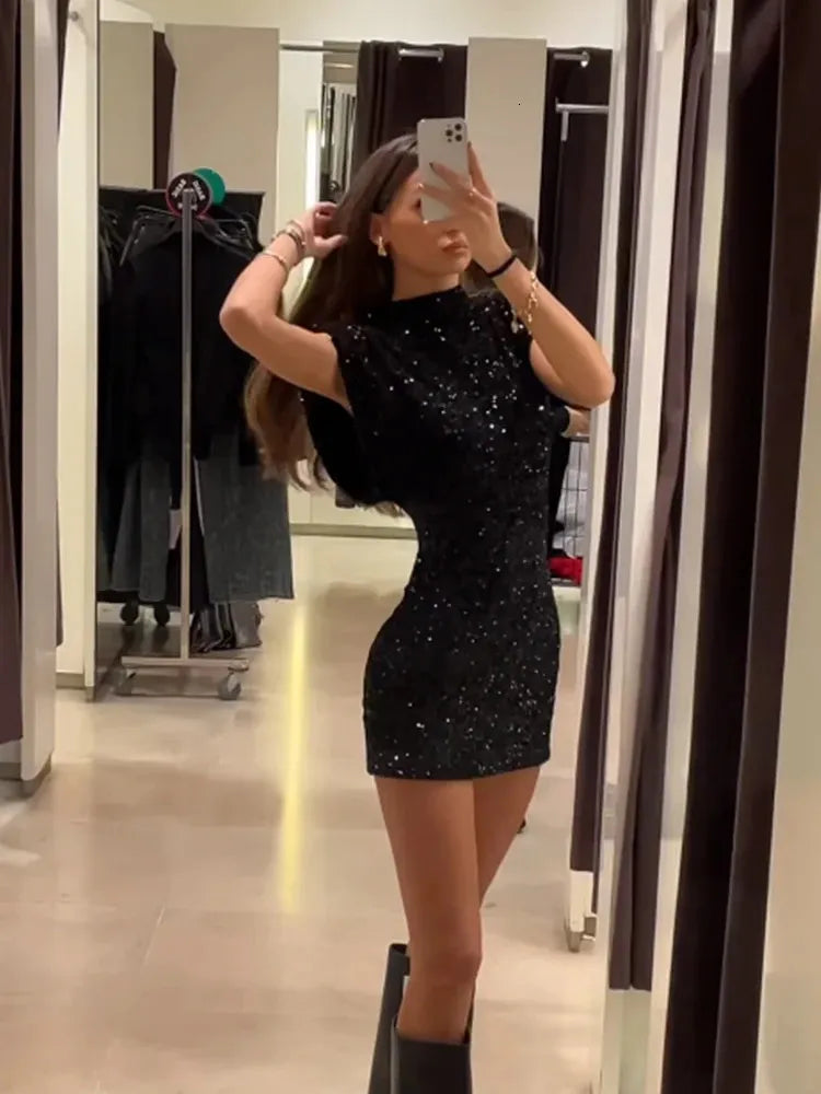 Sexy Sequined Black Mini Party Dress Women Short Sleeve O Neck Sleeveless Dress Fashion 2024 Summer Evening Club Dress