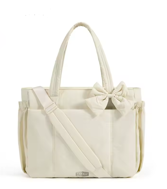 White Bow Tote Bag – elegant white tote bag for women, casual fashion handbag