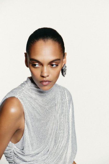 SHORT MESH DRESS WITH RHINESTONE CAPE EFFECT