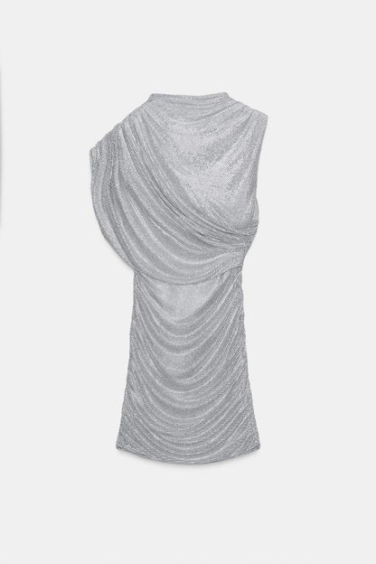 SHORT MESH DRESS WITH RHINESTONE CAPE EFFECT