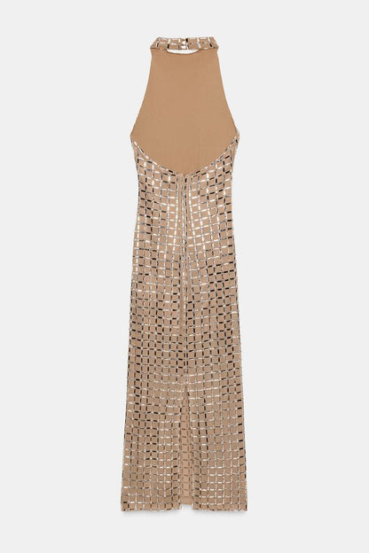 SPARKLY MESH HALTER MIDI DRESS