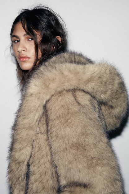 HOODED FAUX FUR COAT