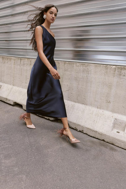 Asymmetric Satin Midi Dress