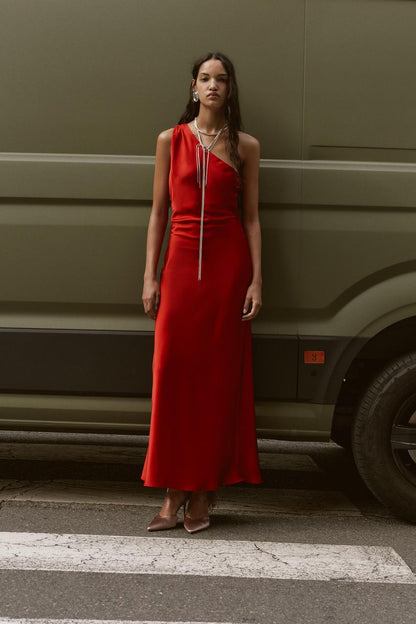 Asymmetric Satin Midi Dress