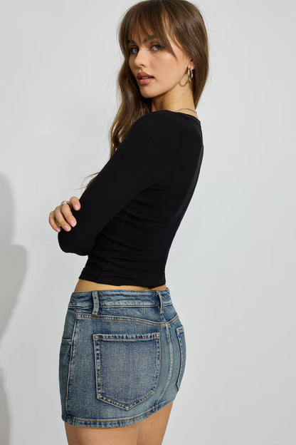 Ribbed Deep V Neck Long Sleeve Top