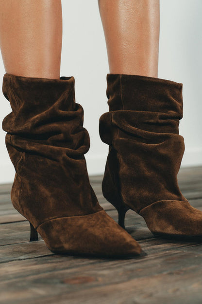 RUFFLED SPLIT SUEDE ANKLE BOOTS