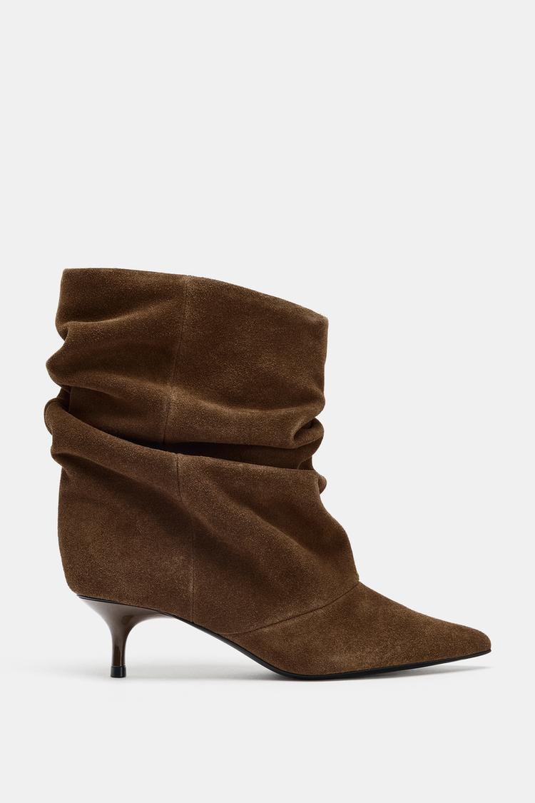 RUFFLED SPLIT SUEDE ANKLE BOOTS