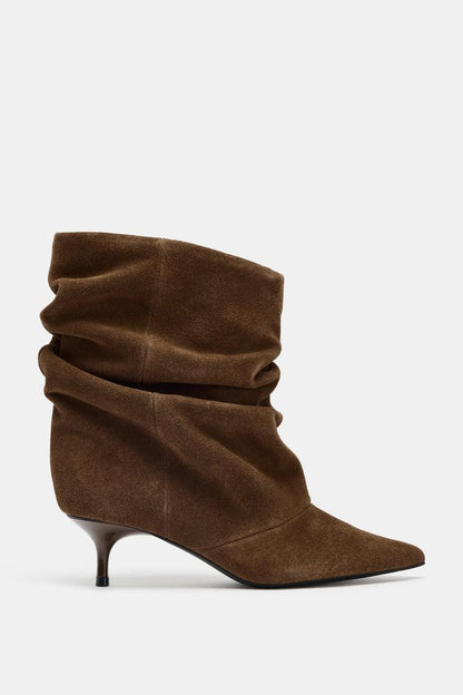 RUFFLED SPLIT SUEDE ANKLE BOOTS