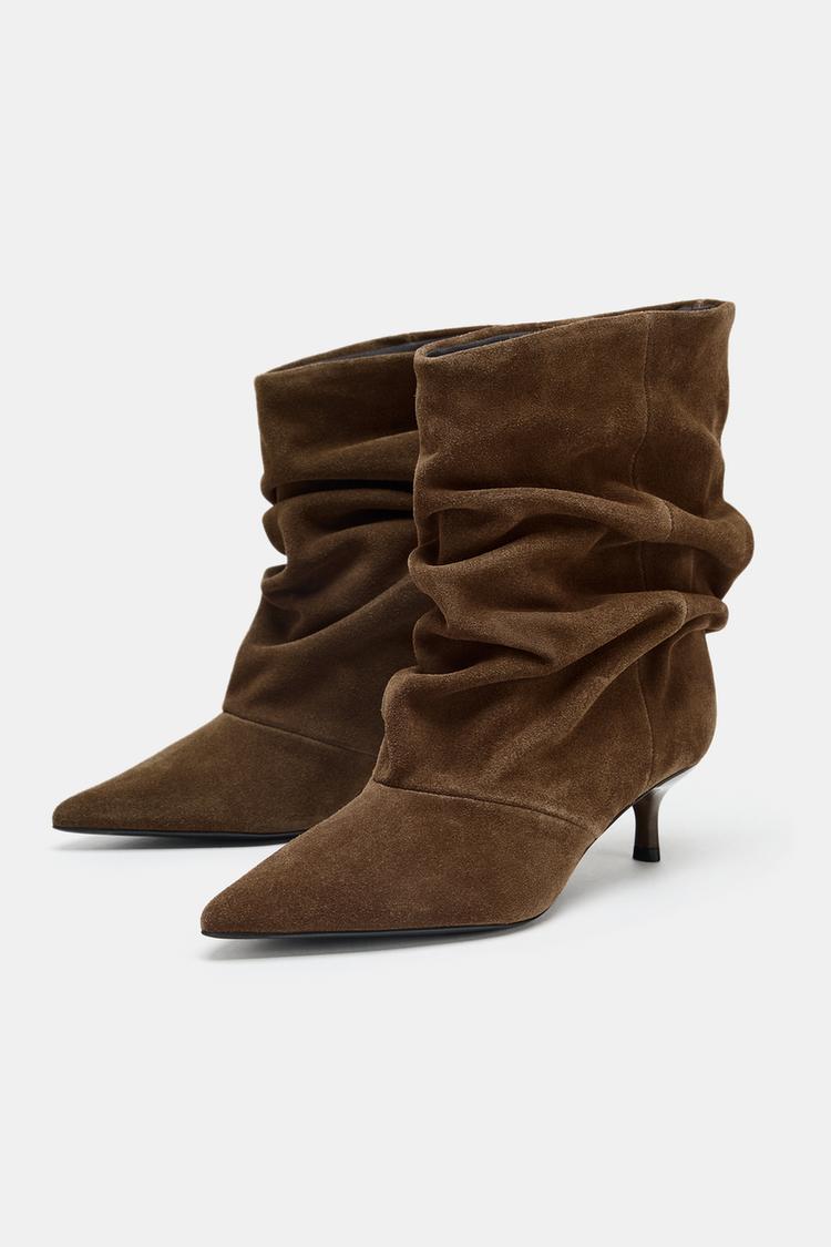 RUFFLED SPLIT SUEDE ANKLE BOOTS