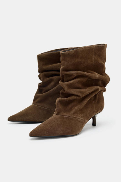 RUFFLED SPLIT SUEDE ANKLE BOOTS