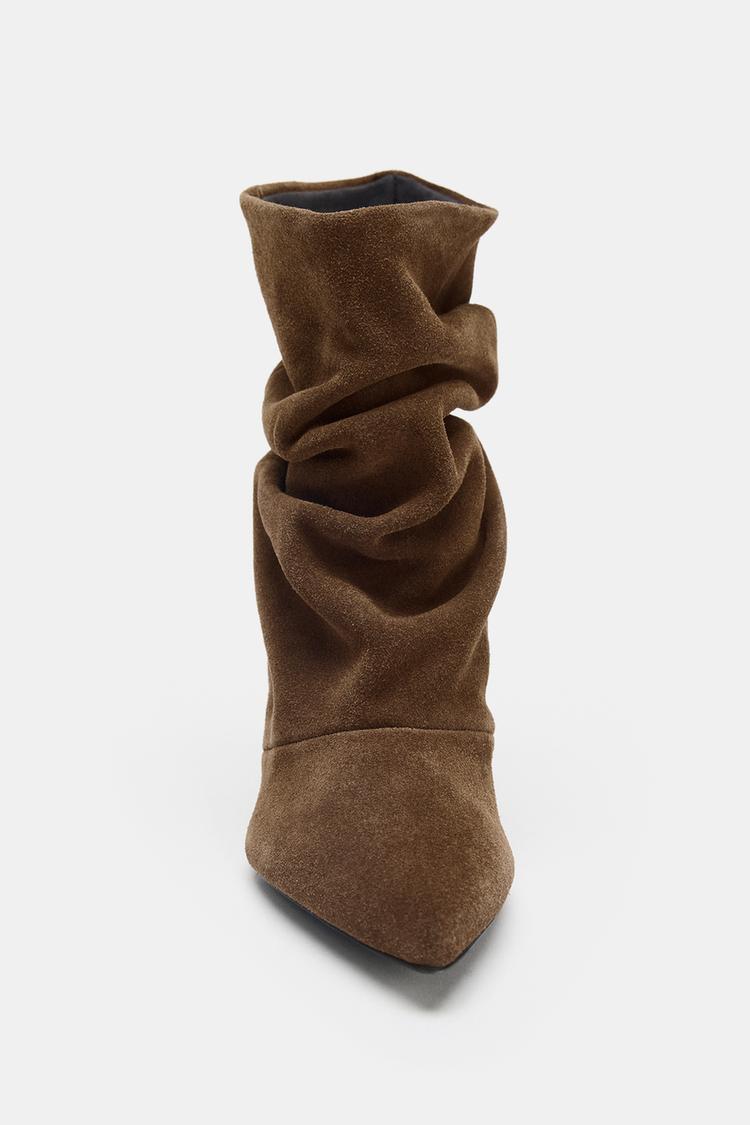 RUFFLED SPLIT SUEDE ANKLE BOOTS