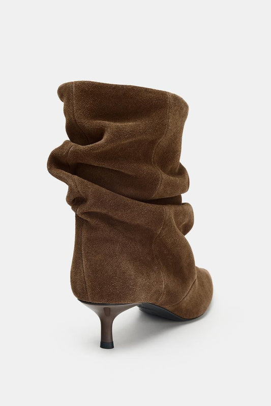 RUFFLED SPLIT SUEDE ANKLE BOOTS