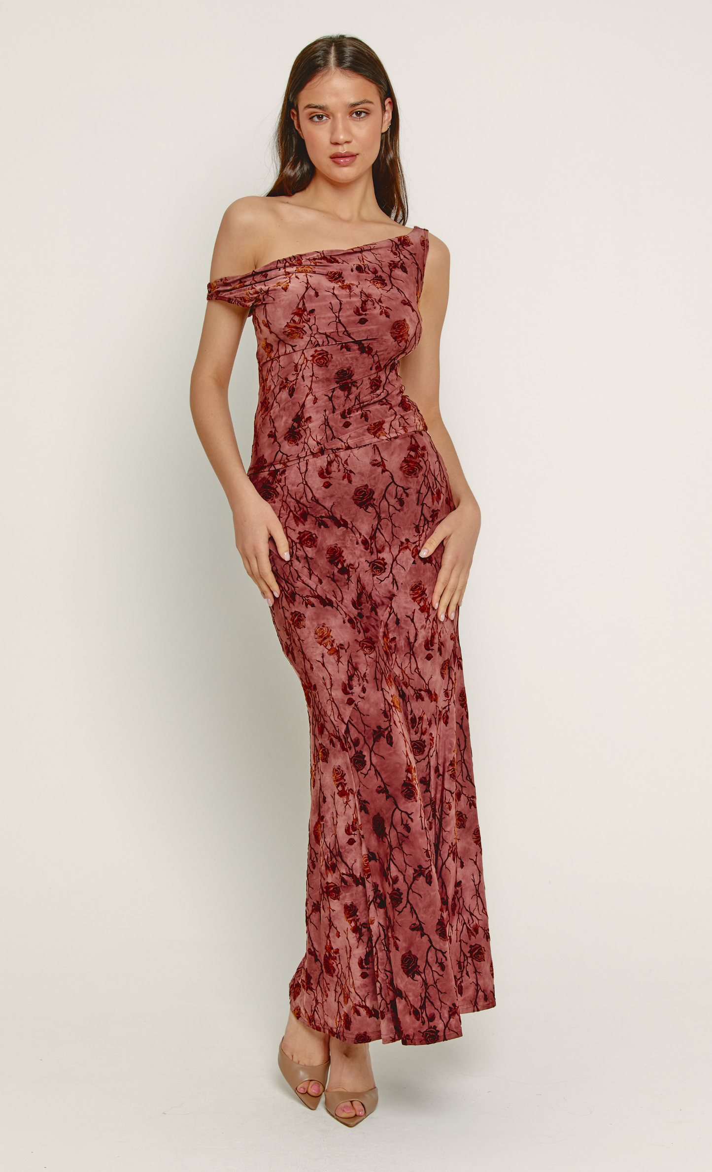 Mauve Floral Flocked Fallen Shoulder Top