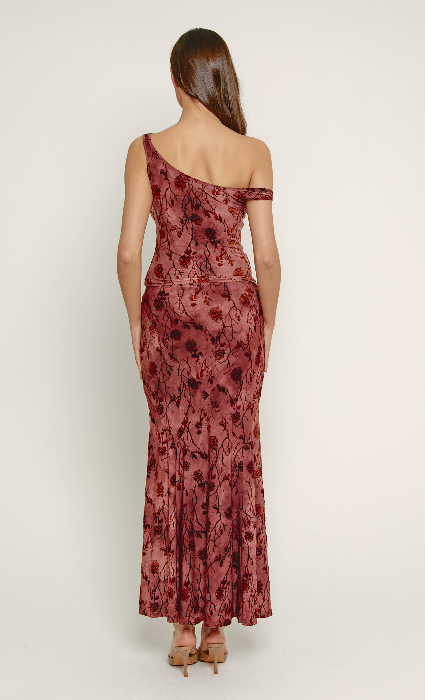 Mauve Floral Flocked Fallen Shoulder Top