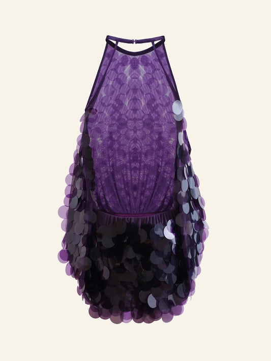 Shirley sequin halter backless mini dress in purple