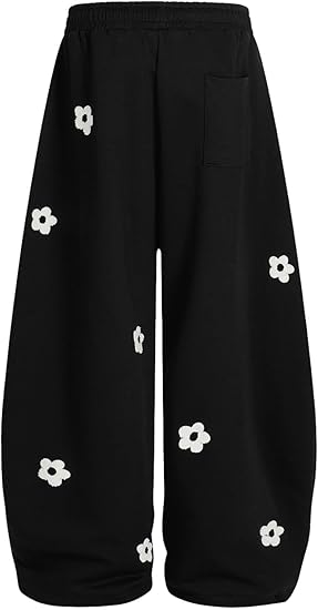 Aelfric Eden Baggy Wide Leg Sweatpants Flower Embroidery Casual Y2K Elastic Drawstring Lantern Barrel Lounge Trouser Pants