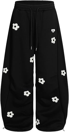 Aelfric Eden Baggy Wide Leg Sweatpants Flower Embroidery Casual Y2K Elastic Drawstring Lantern Barrel Lounge Trouser Pants