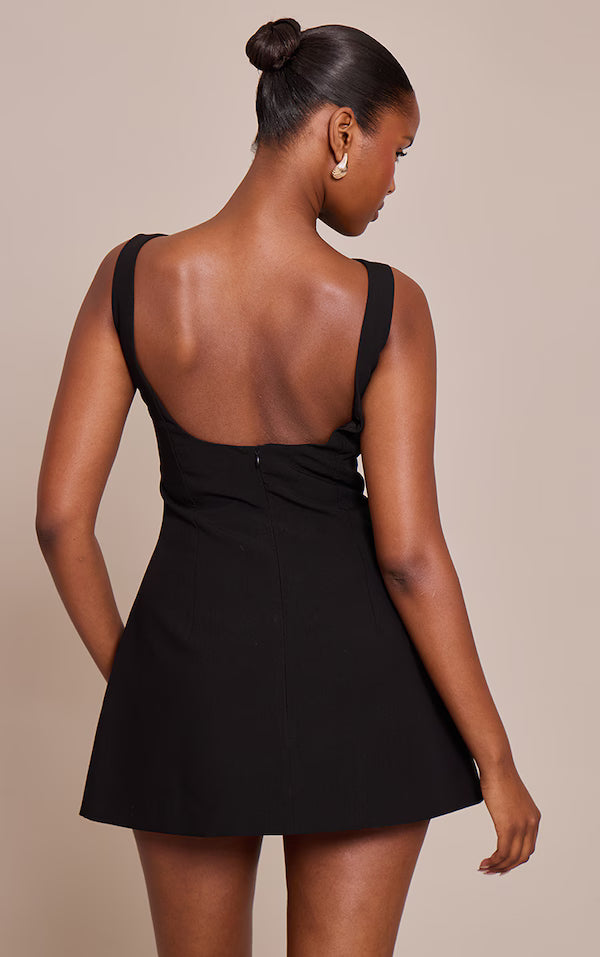 Mocha Woven Boat Neck Backless Detail Mini Dress