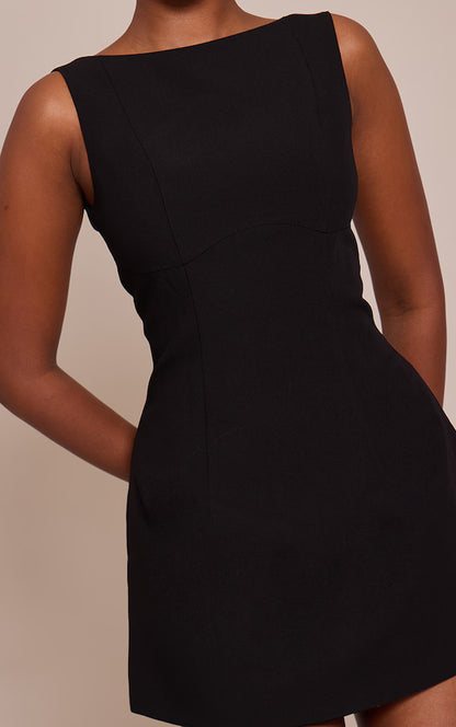 Mocha Woven Boat Neck Backless Detail Mini Dress