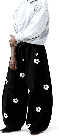 Aelfric Eden Baggy Wide Leg Sweatpants Flower Embroidery Casual Y2K Elastic Drawstring Lantern Barrel Lounge Trouser Pants