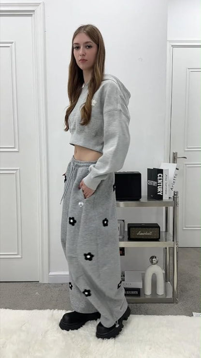 Aelfric Eden Baggy Wide Leg Sweatpants Flower Embroidery Casual Y2K Elastic Drawstring Lantern Barrel Lounge Trouser Pants
