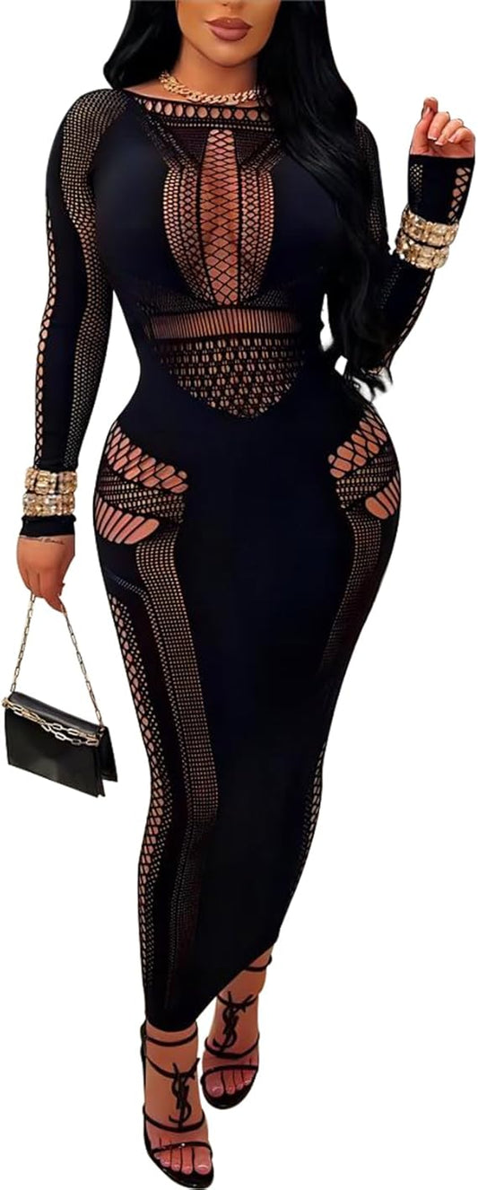Women's Sexy Hollow Out Long Sleeves One Piece Mesh Bodycon Maxi Dress