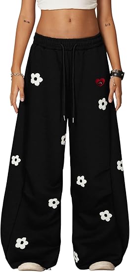 Aelfric Eden Baggy Wide Leg Sweatpants Flower Embroidery Casual Y2K Elastic Drawstring Lantern Barrel Lounge Trouser Pants