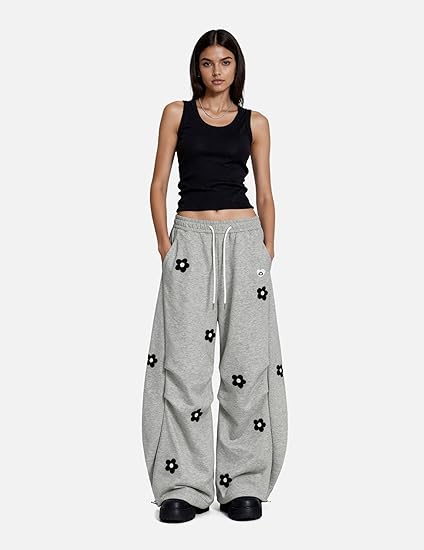 Aelfric Eden Baggy Wide Leg Sweatpants Flower Embroidery Casual Y2K Elastic Drawstring Lantern Barrel Lounge Trouser Pants