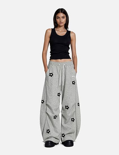 Aelfric Eden Baggy Wide Leg Sweatpants Flower Embroidery Casual Y2K Elastic Drawstring Lantern Barrel Lounge Trouser Pants