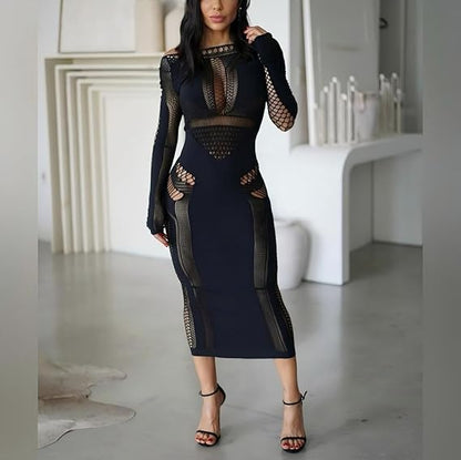 Women's Sexy Hollow Out Long Sleeves One Piece Mesh Bodycon Maxi Dress