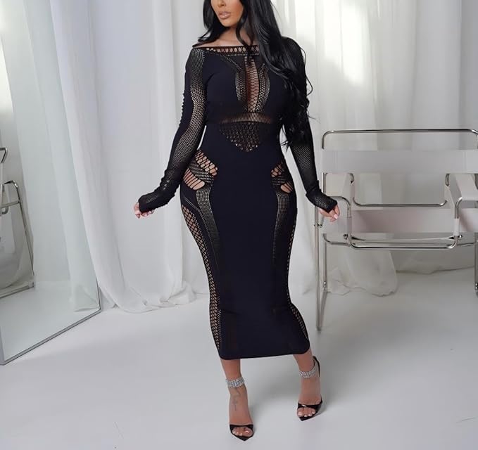 Women's Sexy Hollow Out Long Sleeves One Piece Mesh Bodycon Maxi Dress