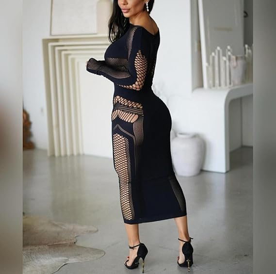 Women's Sexy Hollow Out Long Sleeves One Piece Mesh Bodycon Maxi Dress