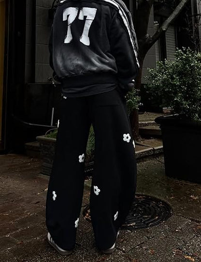 Aelfric Eden Baggy Wide Leg Sweatpants Flower Embroidery Casual Y2K Elastic Drawstring Lantern Barrel Lounge Trouser Pants