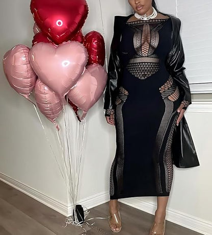 Women's Sexy Hollow Out Long Sleeves One Piece Mesh Bodycon Maxi Dress