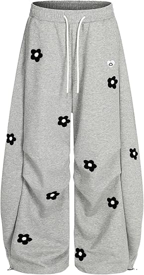 Aelfric Eden Baggy Wide Leg Sweatpants Flower Embroidery Casual Y2K Elastic Drawstring Lantern Barrel Lounge Trouser Pants