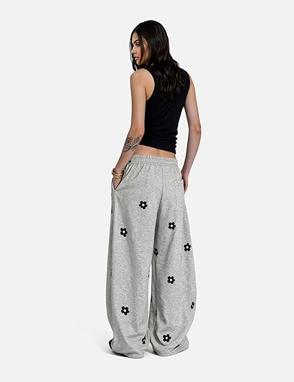Aelfric Eden Baggy Wide Leg Sweatpants Flower Embroidery Casual Y2K Elastic Drawstring Lantern Barrel Lounge Trouser Pants