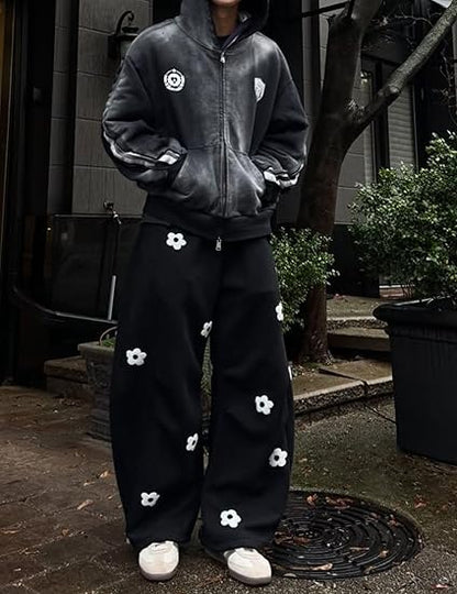 Aelfric Eden Baggy Wide Leg Sweatpants Flower Embroidery Casual Y2K Elastic Drawstring Lantern Barrel Lounge Trouser Pants