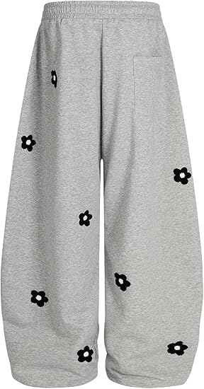 Aelfric Eden Baggy Wide Leg Sweatpants Flower Embroidery Casual Y2K Elastic Drawstring Lantern Barrel Lounge Trouser Pants
