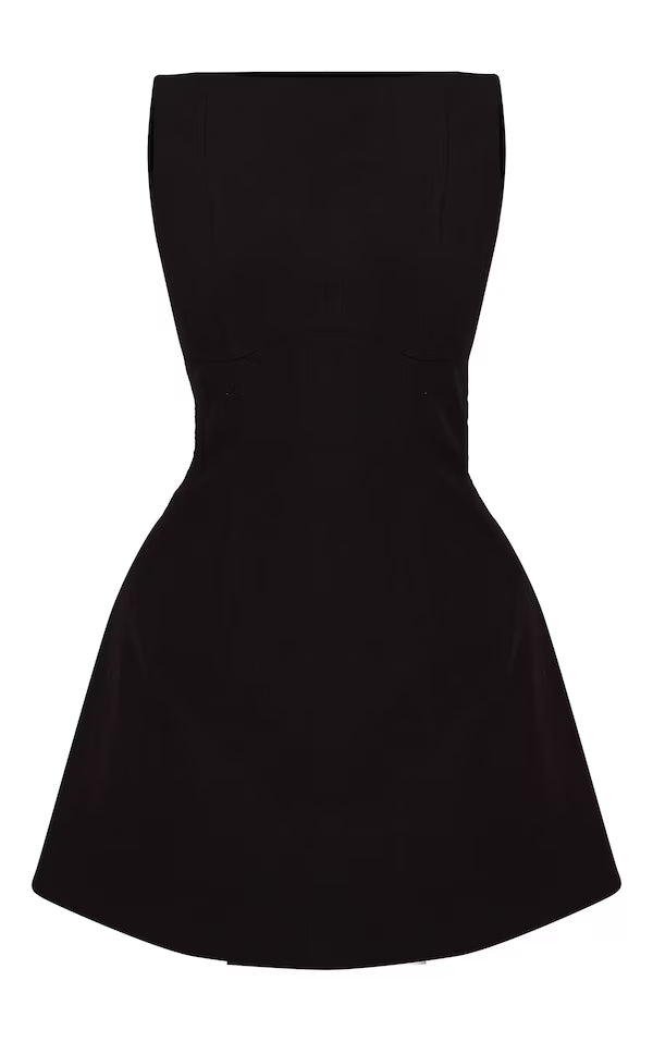 Mocha Woven Boat Neck Backless Detail Mini Dress