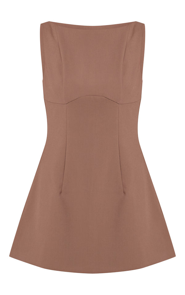 Mocha Woven Boat Neck Backless Detail Mini Dress