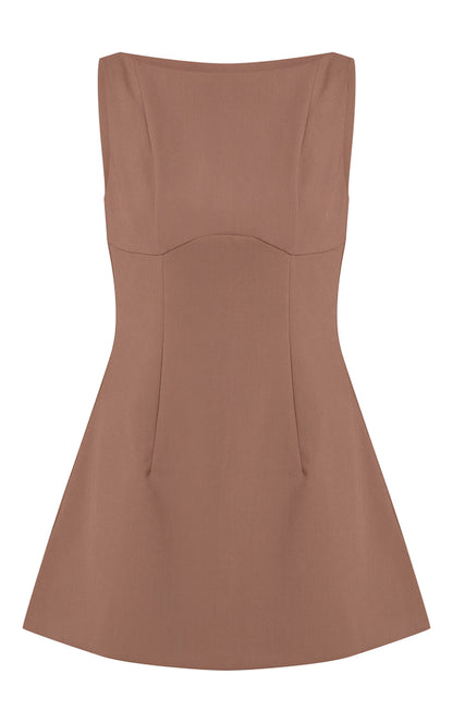 Mocha Woven Boat Neck Backless Detail Mini Dress