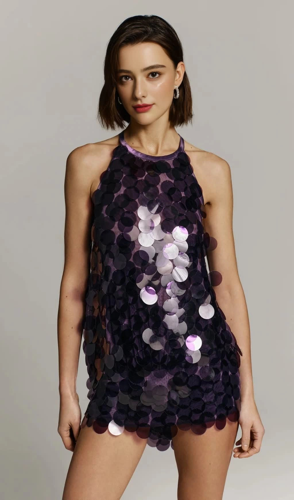 Shirley sequin halter backless mini dress in purple