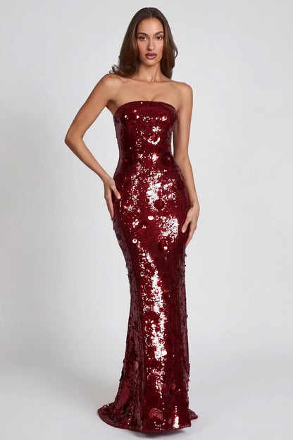 Nottola Red 3D Embellished Bandeau Maxi Dress